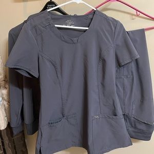 Cherokee Infinity Scrubs Set Pewter Gray Top: S, Pants: M Petite Fit, Jacket: M